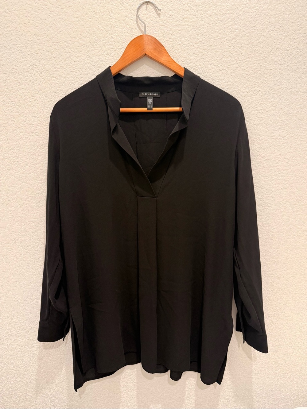 Eileen Fisher 100% Silk Georgette Crepe Stand Collar Tunic Blouse Black